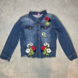 Aqua Denim Jacket Girls Medium Blue Flowers Embroidery Jean Jacket Poppies